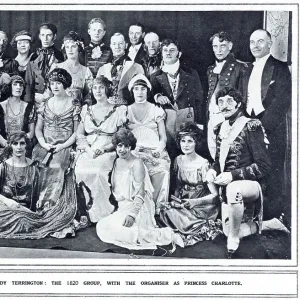 Group of revellers at the Princess Mary Hospital Ball. This group were all dressed as figures from 1820 with the ball organiser, Lady Terrington (centre), dressed as Princess Charlotte. Date: 1922