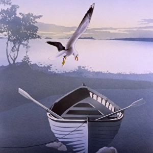Gull swoops above an empty rowing boat