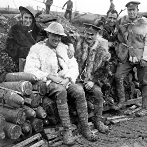 Gunners in sheepskin coats, Bazentin, France, WW1