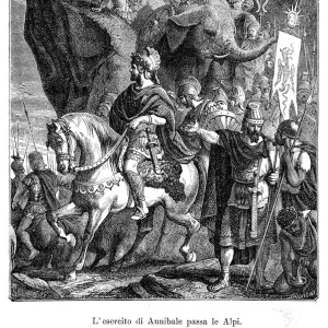 Hannibal crossing the Alps with his army and elephants