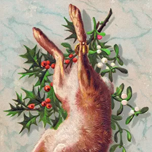 Hare with holly and mistletoe on a Christmas card