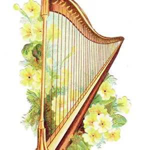 Harp with yellow flowers on a cutout greetings card