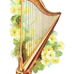 Harp with yellow flowers on a cutout greetings card