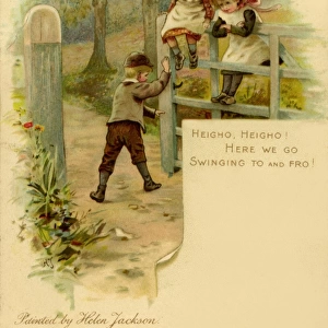 Heigho! -- children swinging on a gate