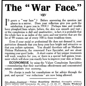 Helena Rubinstein advert, The War Face, WW1