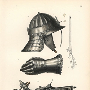 Helmet, glove and flintlock pistol from the 17th century