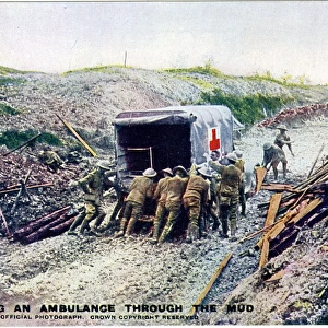 Helping an ambulance through the mud, WW1