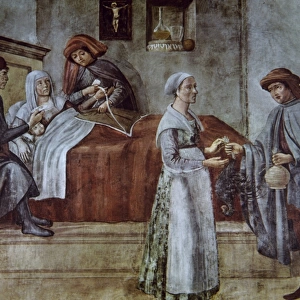History of medicine. Parturient. Painting. 15th century. Flo