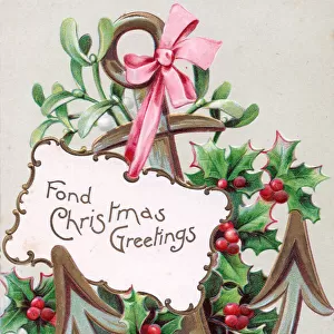 Holly, mistletoe and anchor on a Christmas postcard
