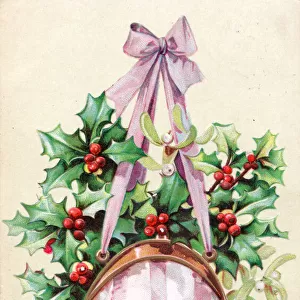 Holly and mistletoe in a handbag on a Christmas postcard