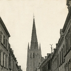 Hondschoote, France - Street facing west towards Church