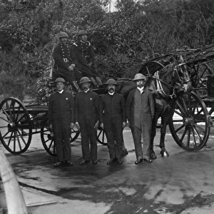 Horse-drawn fire engine with crew, Southgate, North London