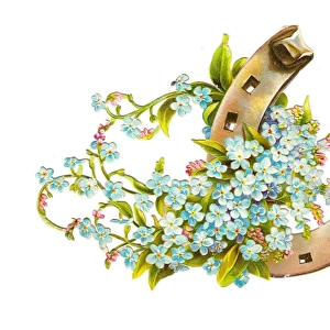 Horseshoe with blue flowers on a Victorian scrap