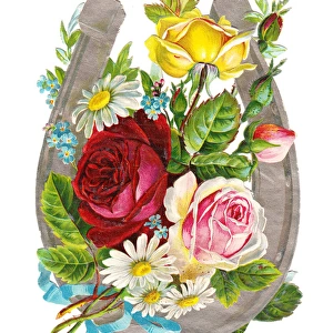 Horseshoe with roses and daisies on a Victorian scrap