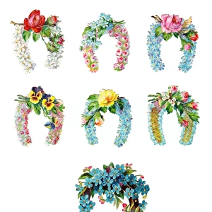 Horseshoes and flowers on seven Victorian scraps