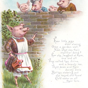 Five humanised pigs on a Christmas card