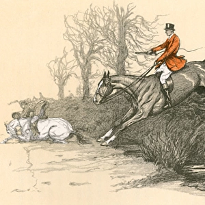 Huntsman on horseback jumping a hedge