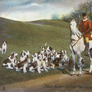 Huntsman onhorseback amid the hounds