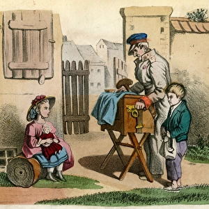 Hurdy Gurdy man and boy with rich girl and doll
