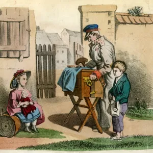 Hurdy Gurdy man and boy with rich girl and doll