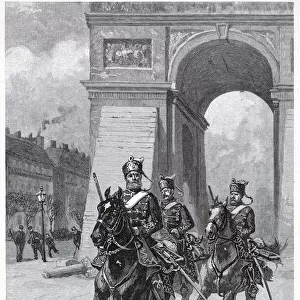 Three Hussars ride down the Champs Elysees Date: 1 March 1871