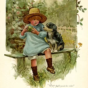 Illustration, Child eating apple, with dog