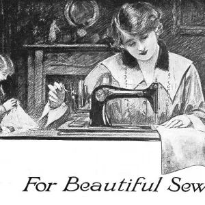 Illustration of a family of women sewing at home, the centre figure using a sewing machine. Advert for Dewhurst's Sylko Machine Twist Date: 1918 Illustration of a family of women sewing at home, the centre figure using a sewing machine. Advert for Dewhurst's Sylko Machine Twist Date: 1918
