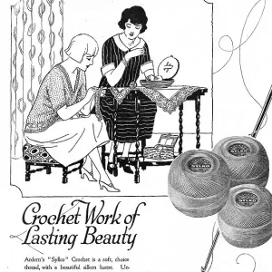 Illustration of two ladies doing their crochet together indoors. Advert for Arderns Sylko Crochet. Date: 1920s Illustration of two ladies doing their crochet together indoors. Advert for Arderns Sylko Crochet. Date: 1920s