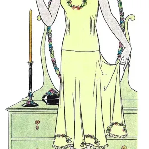 Illustration of a lady in her bedroom admiring her embroidered petticoat in crepe-de-chine Date: 1931 Illustration of a lady in her bedroom admiring her embroidered petticoat in crepe-de-chine Date: 1931