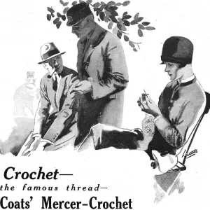 Illustration of a lady in a cloche hat working on her crochet while sitting outdoors while the men have a conversation. Advert for Coats Mercer Crochet. Date: 1920s Illustration of a lady in a cloche hat working on her crochet while sitting outdoors while the men have a conversation. Advert for Coats Mercer Crochet. Date: 1920s