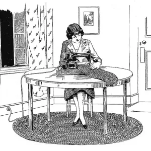 Illustration of a lady using her sewing machine at home Date: 1920s Illustration of a lady using her sewing machine at home Date: 1920s