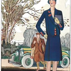 Illustration of a well-dressed couple going golfing Date: 1929 Illustration of a well-dressed couple going golfing Date: 1929