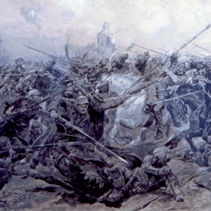Indian Cavalry attacking a German column of troops, WW1