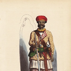 Indian sepoy officer in turban and jacket over skirts