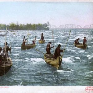 Indians fishing, Rapids, Sault Sainte Marie, Ontario, Canada