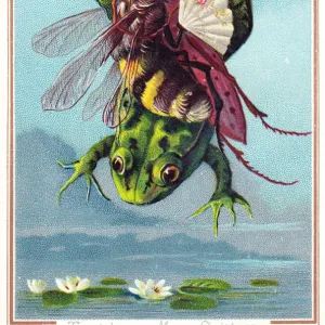 Insects riding on a frog on a Christmas card