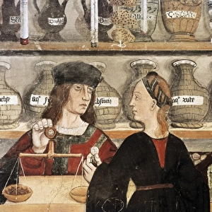 Interior of a chemists shop. Detail. Pharmacist