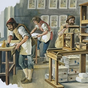 Interior of a printing press in the early modern