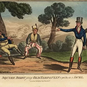 Irish gentlemen fighting a duel with pistols, Dublin, 1821