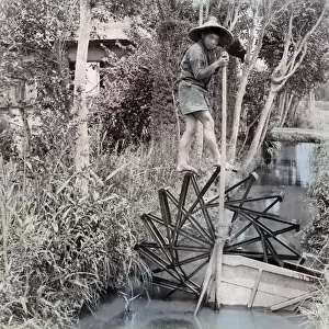 Irrigation with a water wheel, Japan, c. 1890s Vintage late 19th century photograph
