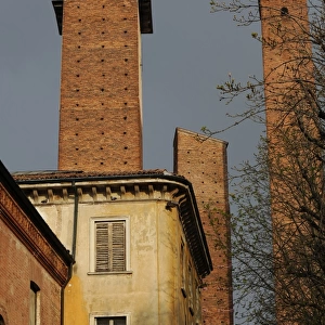 Italy. Pavia. The two medieval towers. Leonardo Da Vinci Squ