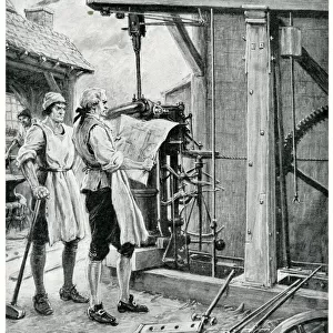 James Watt, Scottish engineer, at work on the steam engine
