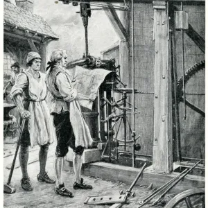 James Watt, Scottish engineer, at work on the steam engine