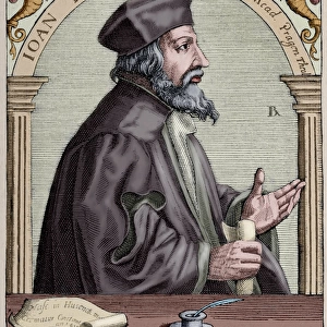 Jan Hus (1369-1415). Engraving. Colored