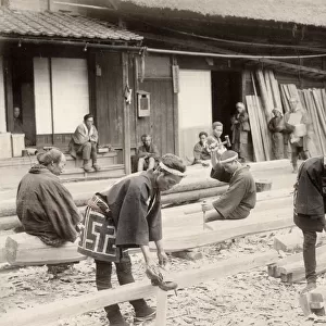 Japan: carpenters at work with chisel and axe