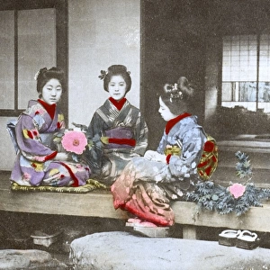 Japan - Three Geisha Girls outside traditional Japanese home