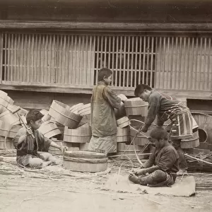 Japanese barrel makers, coopers at work, Japan