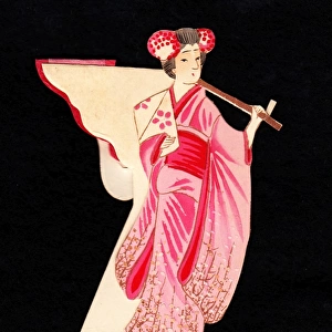 Japanese geisha in a pink kimono on a greetings card