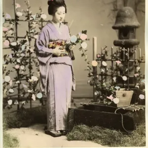 Japanese Lady in Kimono with Flowers Print Japanese Lady in Kimono with Flowers Print