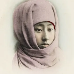 Japanese Woman Print, a delicate depiction of a shrouded face Japanese Woman Print, a delicate depiction of a shrouded face